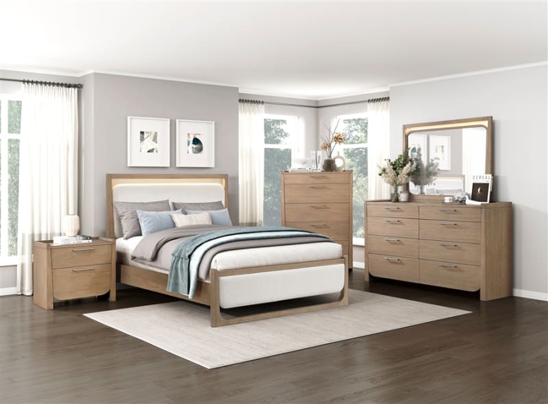 Riley 6 Piece Queen Bedroom Set w/LED Headboard in Light Brown Finish by Home Elegance - HEL-2385