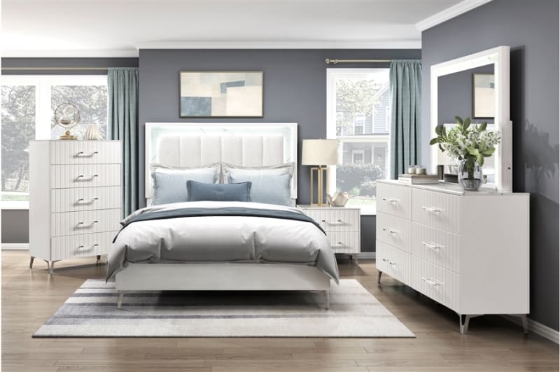 Ripple 6 Piece Upholstered Queen Bedroom Set with LED Lighting in white Finish by Home Elegance - HEL-2457