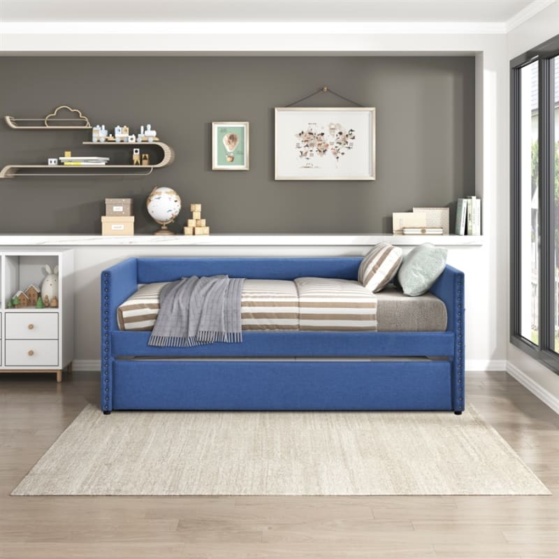 Boynton Twin Daybed with Trundle in Blue Fabric by Home Elegance - HEL-4691BU