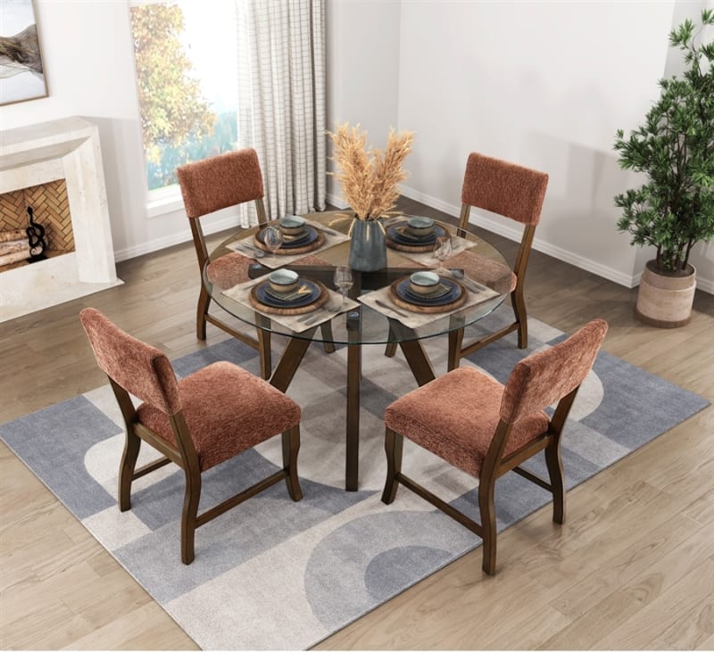 Aiden 5 Piece Round Dining Room Set in Glass and Brown Finish by Home Elegance - HEL-5898-48RD-5F4