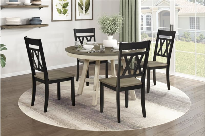 Ogden 5 Piece Round Dining Room Set in Graywash and Antique White Finish by Home Elegance - HEL-5985-48RD-5BK