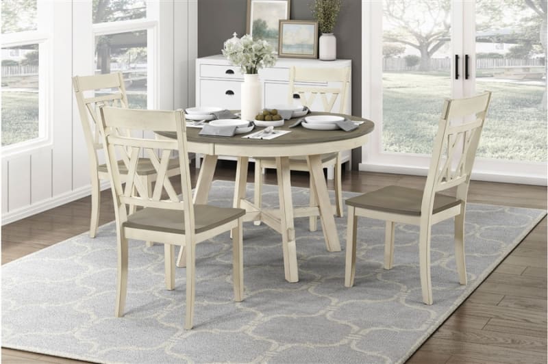 Ogden 5 Piece Round Dining Room Set in Graywash and Antique White Finish by Home Elegance - HEL-5985-48RD-5WH