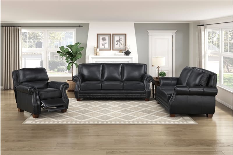 Remington 2 Piece Rolled Arms Leather Sofa Set in Black Leather by Home Elegance - HEL-8448BLK