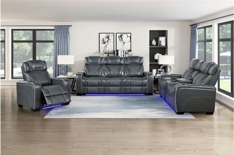 Apex 2 Piece Power Double Reclining Sofa Set in Blue Top-Grain Leather Finish by Home Elegance - HEL-8449BU