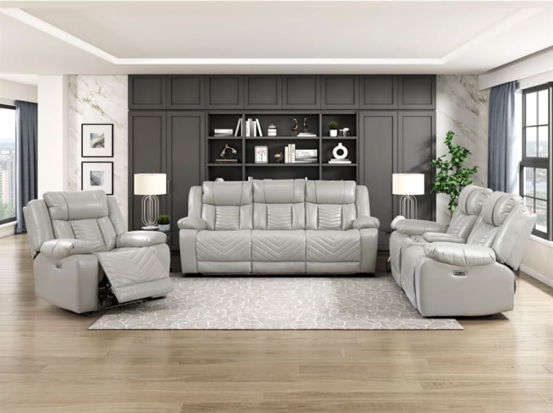 Huron 2 Piece Power Double Reclining Sofa in Gray Faux Leather by Home Elegance - HEL-8457GRY