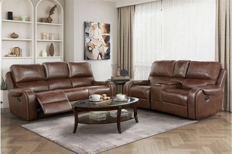 Newnan 2 Piece Double Reclining Sofa Set in Brown Fabric by Home Elegance - HEL-8549BRW