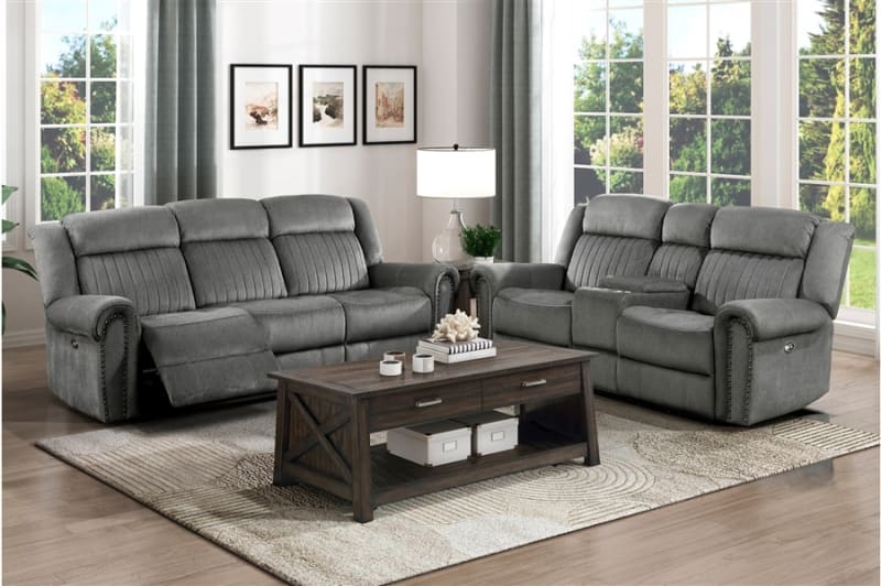 Brennen 2 Piece Power Double Reclining Sofa Set in Charcoal Fabric by Home Elegance - HEL-9204CC-PW