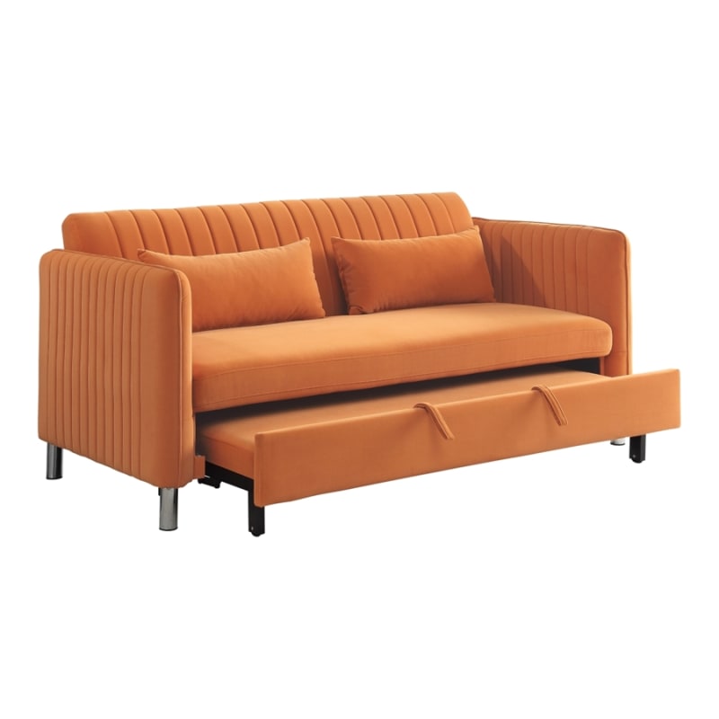 Greenway Convertible Studio Sofa with Pull-out Bed in Orange Velvet by Home Elegance - HEL-9406RN-3CL
