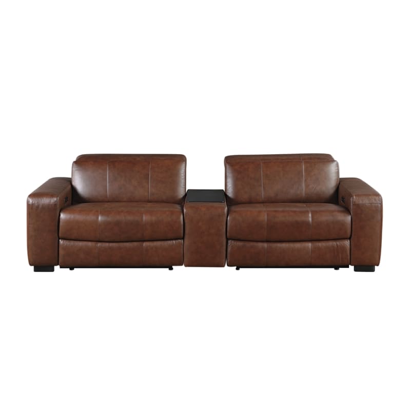 Sutton Power Double Reclining Loveseat with Center Console in Brown Top-Grain Leather by Home Elegance - HEL-9790BRW-2CNPWH