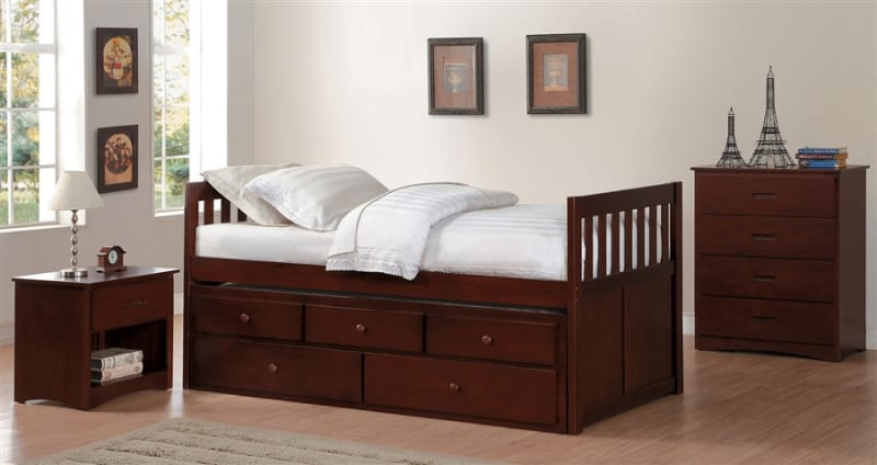 Rowe Twin/Twin Trundle Bed with Two Storage Drawers in Dark Cherry by Home Elegance - HEL-B2013PRDC-1