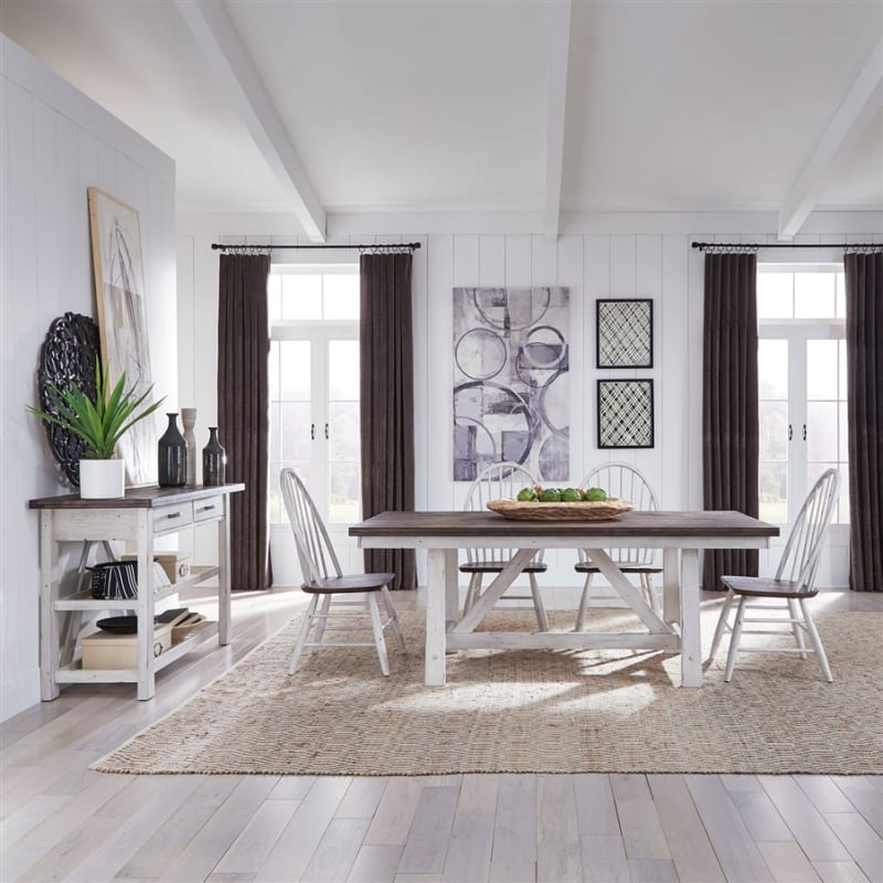 Farmhouse Trestle Table 5 Piece Dining Set in Two Tone White w/ Wood Tone Top Finish by Liberty Furniture - LIB-139WH-CD-5TRS