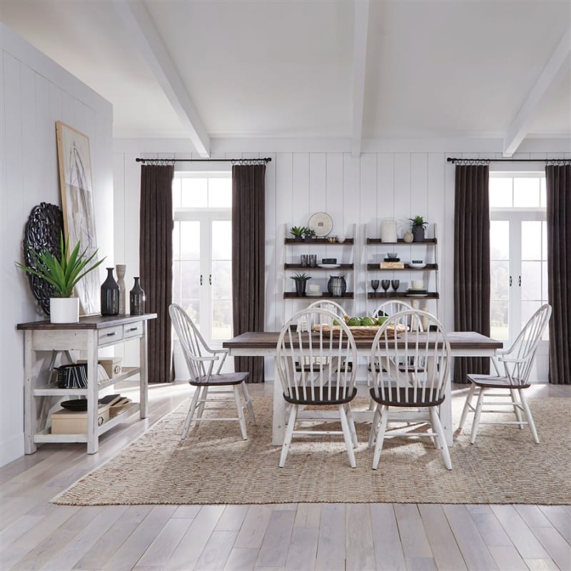Farmhouse Trestle Table 7 Piece Dining Set in Two Tone White w/ Wood Tone Top Finish by Liberty Furniture - LIB-139WH-CD-7TRS