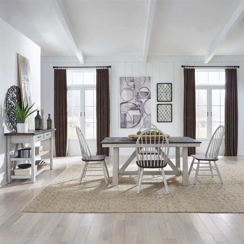 Farmhouse Trestle Table 5 Piece Dining Set in Two Tone White w/ Wood Tone Top Finish by Liberty Furniture - LIB-139WH-CD-O5TRS