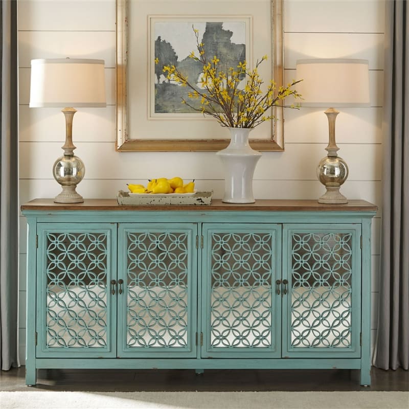 Kensington 4 Door Accent Cabinet in Turquoise Finish with Worn Wood Tone Top by Liberty Furniture - 2011-AC7236
