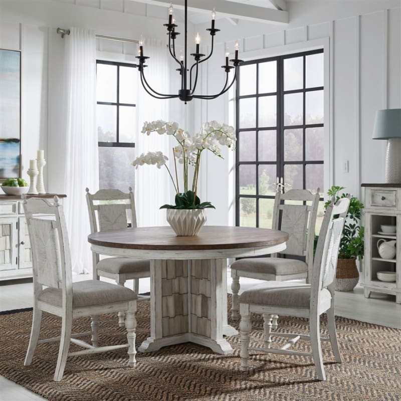 River Place 5 Piece Pedestal Dining Room Set in Riverstone White and Tobacco by Liberty Furniture - LIB-237-DR-5PDS