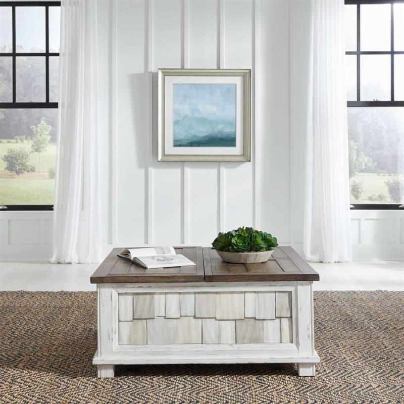 River Place Lift Top Storage Cocktail Table in Riverstone White and Tobacco Finish by Liberty Furniture - LIB-237-OT1011