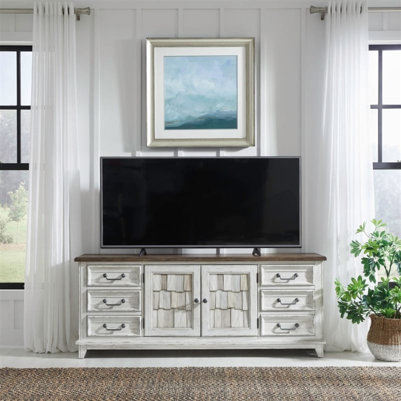 River Place 75 Inch TV Console in Riverstone White and Tobacco Finish by Liberty Furniture - LIB-237-TV75