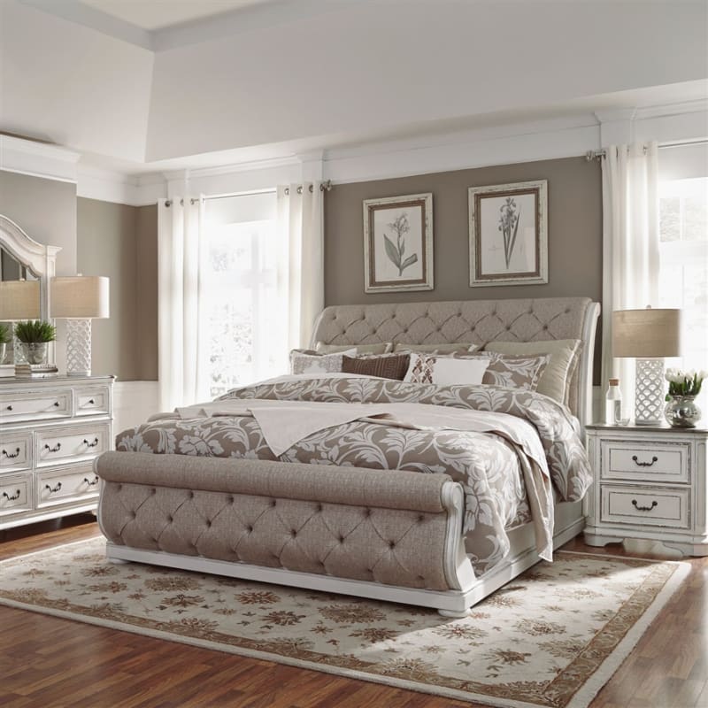 Magnolia Manor 6 Piece Upholstery Sleigh Queen Bedroom Set in Antique White and Weathered Bark by Liberty Furniture - LIB-244-BR-QUSLDMN