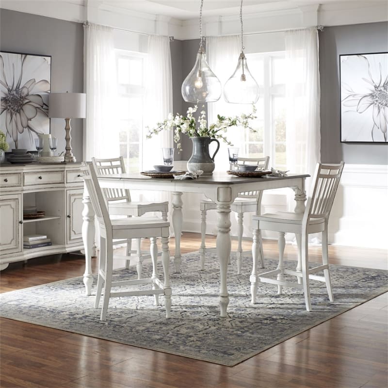 Magnolia Manor Gathering Counter Height Table 5 Piece Spindle Back Chairs Dining Set in Antique White Finish by Liberty Furniture - 244-CD-O5GTS