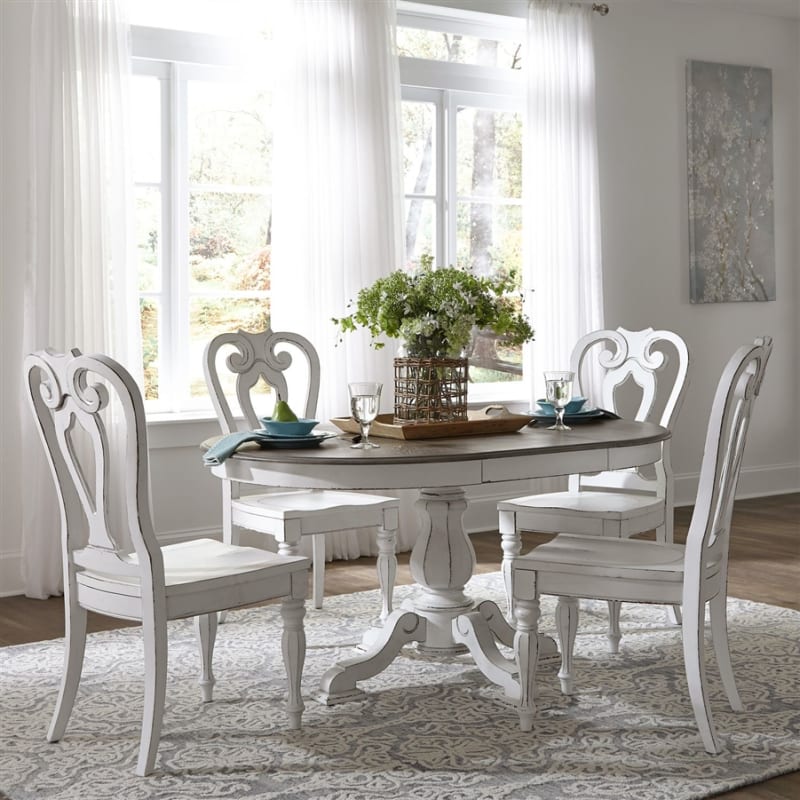 Magnolia Manor 5 Piece Pedestal Table Dining Set in Antique White & Weathered Bark by Liberty Furniture - LIB-244-DR-5PDS