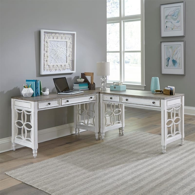 Magnolia Manor L Writing Desk Set in Antique White Finish by Liberty Furniture - 244-HOJ-ALSLD