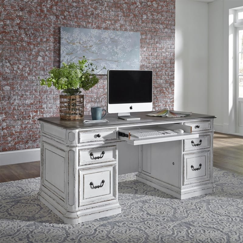 Magnolia Manor Executive Desk in Antique White and Weathered Bark Finish by Liberty Furniture - LIB-244-HOJ-DSK
