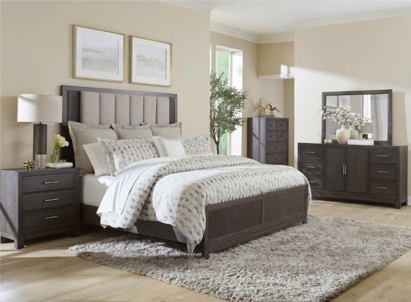 Modern Edge Upholstered Bed 6 Piece Bedroom Set in Caffe Finish by Liberty Furniture - 313-BR-QUBDMN