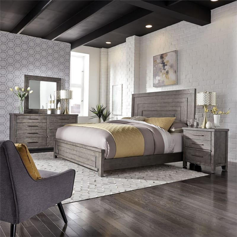 Modern Farmhouse Panel Bed 6 Piece Bedroom Set in Distressed Dusty Charcoal Finish by Liberty Furniture - 406-BR-QPBDMN