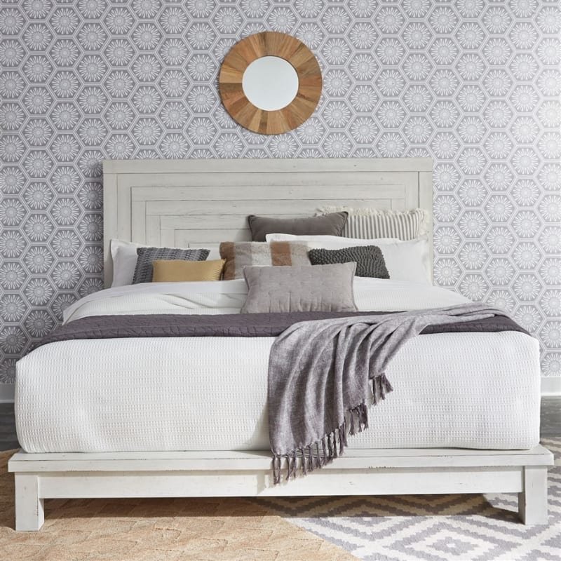 Modern Farmhouse Platform Bed in Flea Market White w/ Heavy Distressing Finish by Liberty Furniture - 406W-BR-QPL