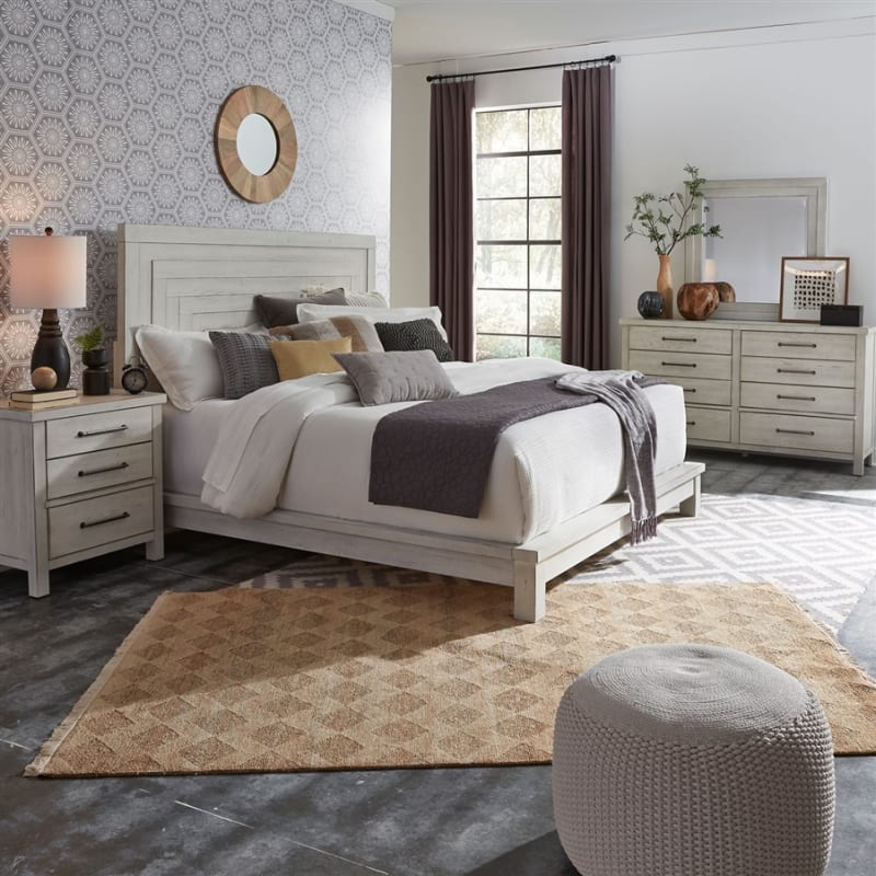 Modern Farmhouse Platform Bed 6 Piece Bedroom Set in Flea Market White w/ Heavy Distressing Finish by Liberty Furniture - 406W-BR-QPLDMN