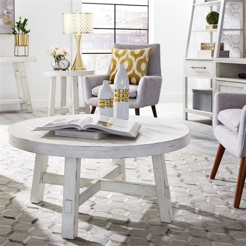 Modern Farmhouse Splay Leg Round Cocktail Table in Flea Market White Finish by Liberty Furniture - 406W-OT1013