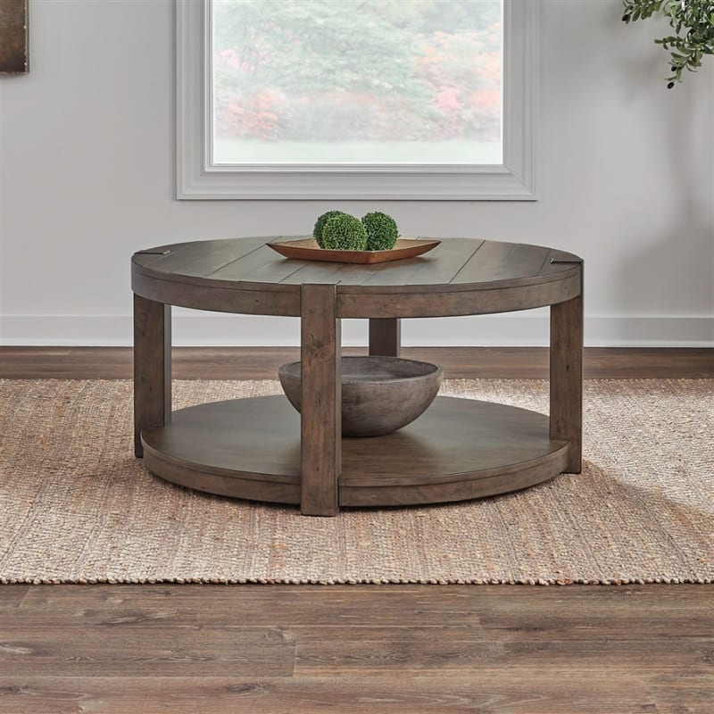 Broadmore 3 Piece Round Cocktail Table Set in Cobblestone Brown Finish by Liberty Furniture - LIB-449-OT1011-449-OT1022
