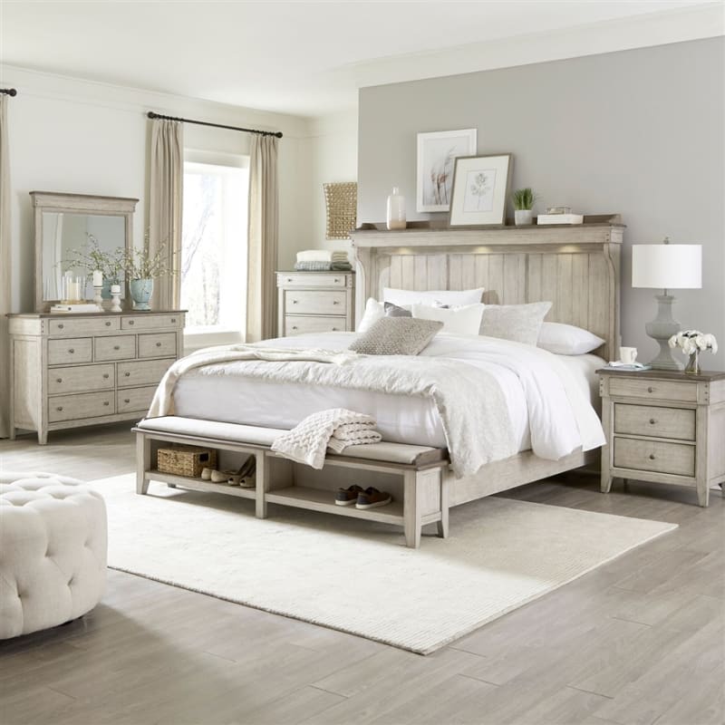 Ivy Hollow Mantle Storage Bed 6 Piece Bedroom Set in Weathered Linen Finish with Dusty Taupe Tops by Liberty Furniture - 457-BR-QMSDMN