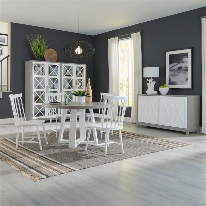 Palmetto Heights Round Pedestal Table 5 Piece Dining Set in Two Tone Shell White and Driftwood Finish by Liberty Furniture - 499-DR-O5PDS