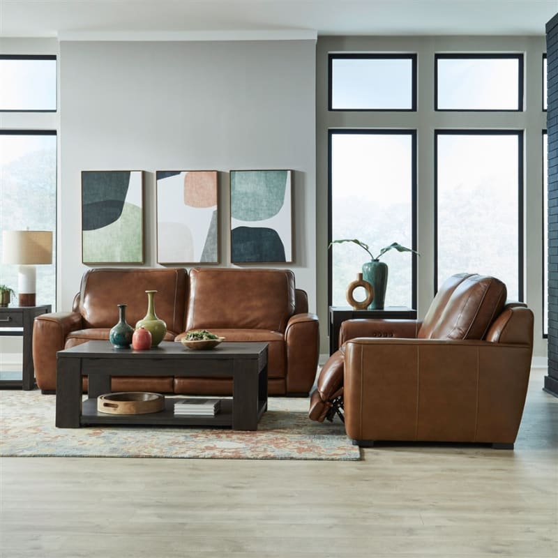 Blake 2 Piece Power Reclining Sofa Set in Venetian Honey Leather Finish by Liberty Furniture - LIB-6000HN-UPH-SOLO