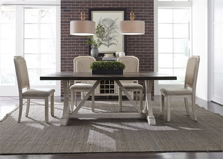 Willowrun Trestle Table 5 Piece Dining Set in Rustic White and Weathered Gray Top Finish by Liberty Furniture - LIB-619-DR-5TRS