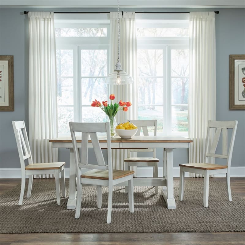 Lindsey Farm 5 Piece Trestle Table Set in Weathered White and Sandstone Finish by Liberty Furniture - 62WH-CD-5TRS