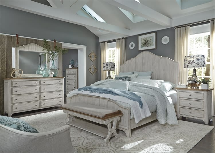 Farmhouse Reimagined Panel Bed 6 Piece Bedroom Set in Antique White Finish with Chestnut Tops by Liberty Furniture - 652-BR-QPBDMN