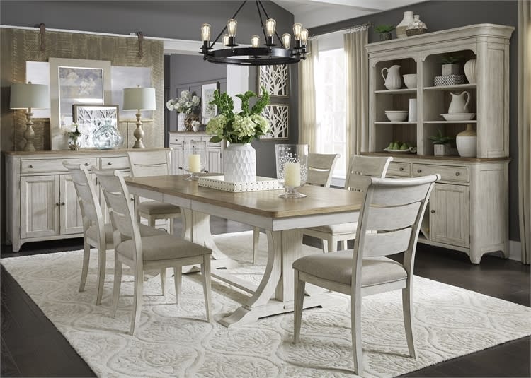 Farmhouse Reimagined 5 Piece Trestle Table Set in Antique White Finish with Chestnut Tops by Liberty Furniture - 652-DR-O5TRS