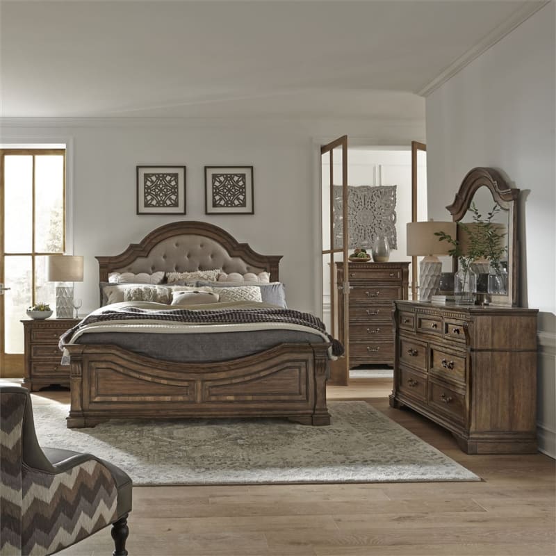 Haven Hall Panel Upholstered Bed 6 Piece Bedroom Set in Aged Chestnut ...