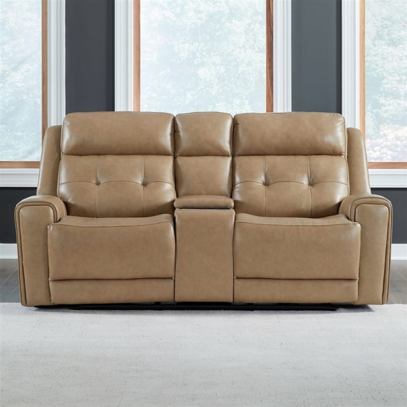 Carrington Triple Zero Gravity Power Recline Console Loveseat in York Sand Leather by Liberty Furniture - 7006SN-23P