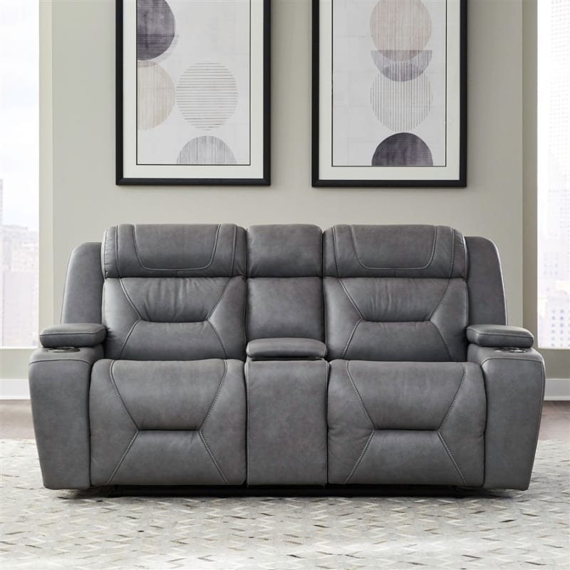 Chapman Zero Gravity Dual Power Reclining Console Loveseat in Aline Blue Gray Leather by Liberty Furniture - 7019BG-22P