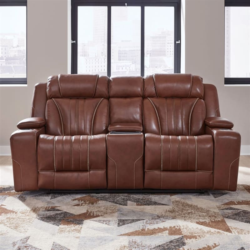 Caswell Zero Gravity Dual Power Reclining Console Loveseat in Nature Chestnut Leather by Liberty Furniture - 7020CN-22P