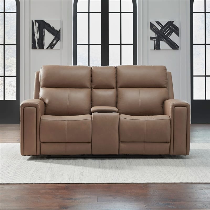 Camden Power Reclining Loveseat with Console in Aline Toast Leather by Liberty Furniture - LIB-7021TO-23P