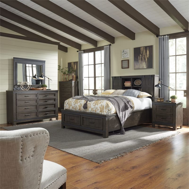 Thornwood Hills Bookcase Bed 6 Piece Bedroom Set in Rock Beaten Gray Finish by Liberty Furniture - 759-BR-QBBDMN