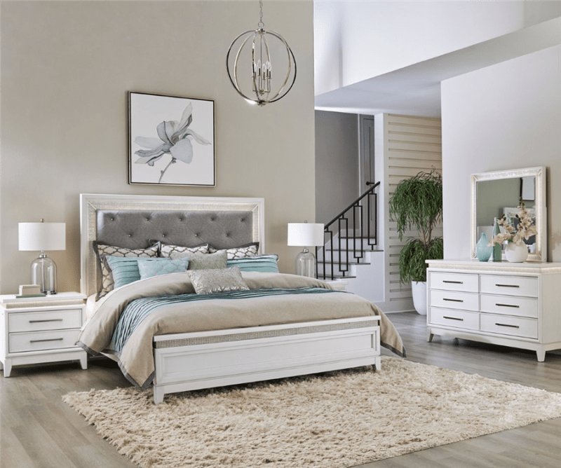 Reflections Upholstered Bed 6 Piece Bedroom Set in Pearl White Finish by Liberty Furniture - 781-BR-QUBDMN