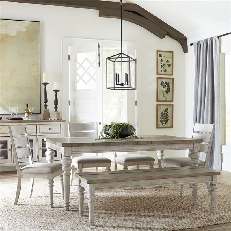 Heartland Rectangular Leg Table Ladder Back Chair 6 Piece Dining Set in Antique White Finish with Tobacco Tops by Liberty Furniture - LIB-824-DR-6RTS