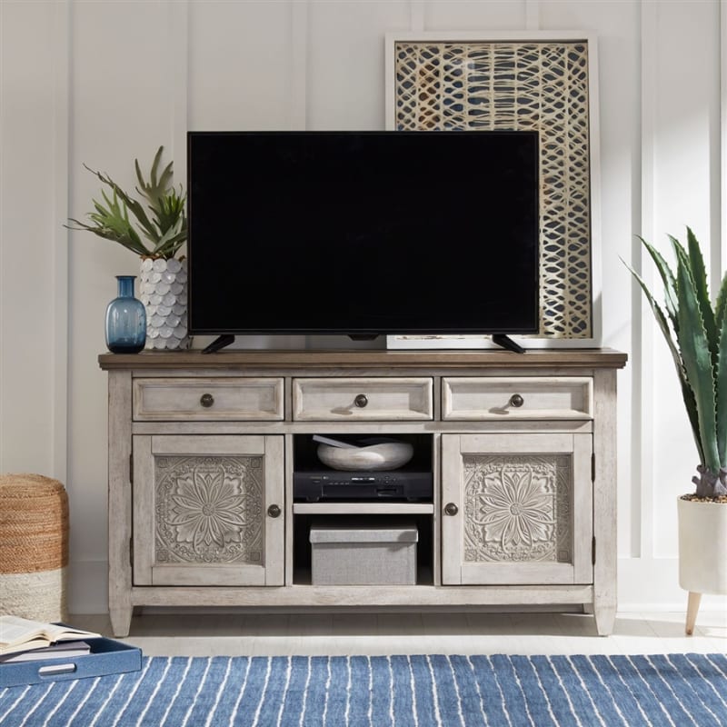 Heartland 56 Inch Tile TV Console in Antique White w/ Tobacco Top Finish by Liberty Furniture - LIB-824-TV56T