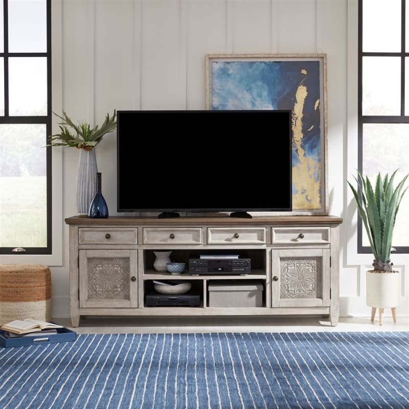 Heartland 76 Inch Tile TV Console in Antique White w/ Tobacco Top Finish by Liberty Furniture - LIB-824-TV76T