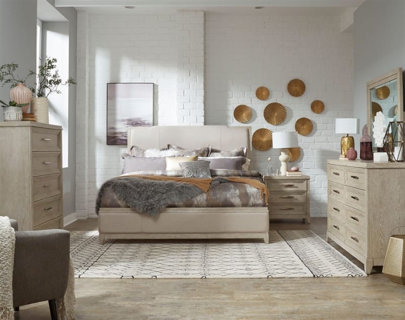 Belmar Upholstered Bed 6 Piece Bedroom Set in Washed Taupe and Silver Champagne Finish by Liberty Furniture - 902-BR-QUBDMN